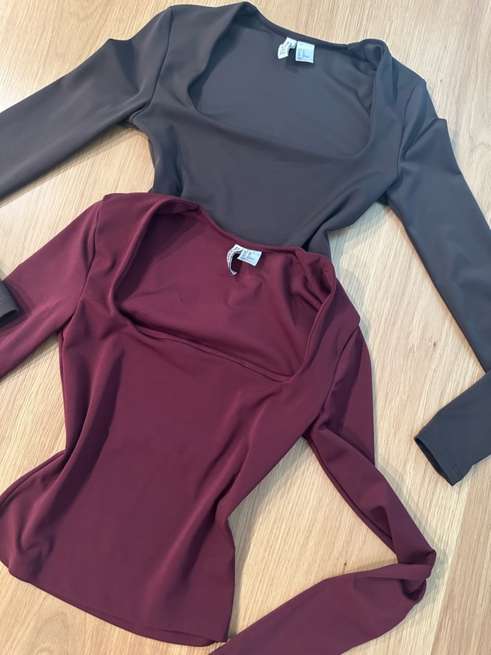 Long Sleeve Square Neck Tops - Burgundy and Brown H&M